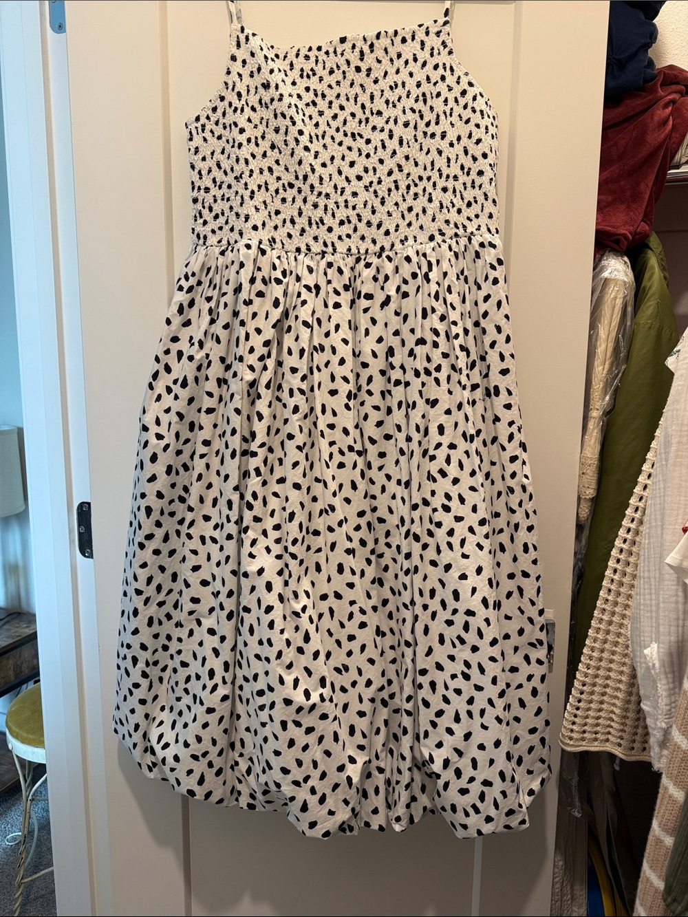 White Bubble Hem Midi Dress with Black Spot Print and Smocked Bodice